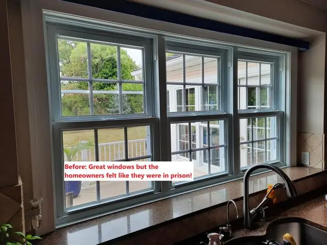 Before view of a kitchen sink in Mason MI with three double-hung windows and heavy grids blocking the backyard view.