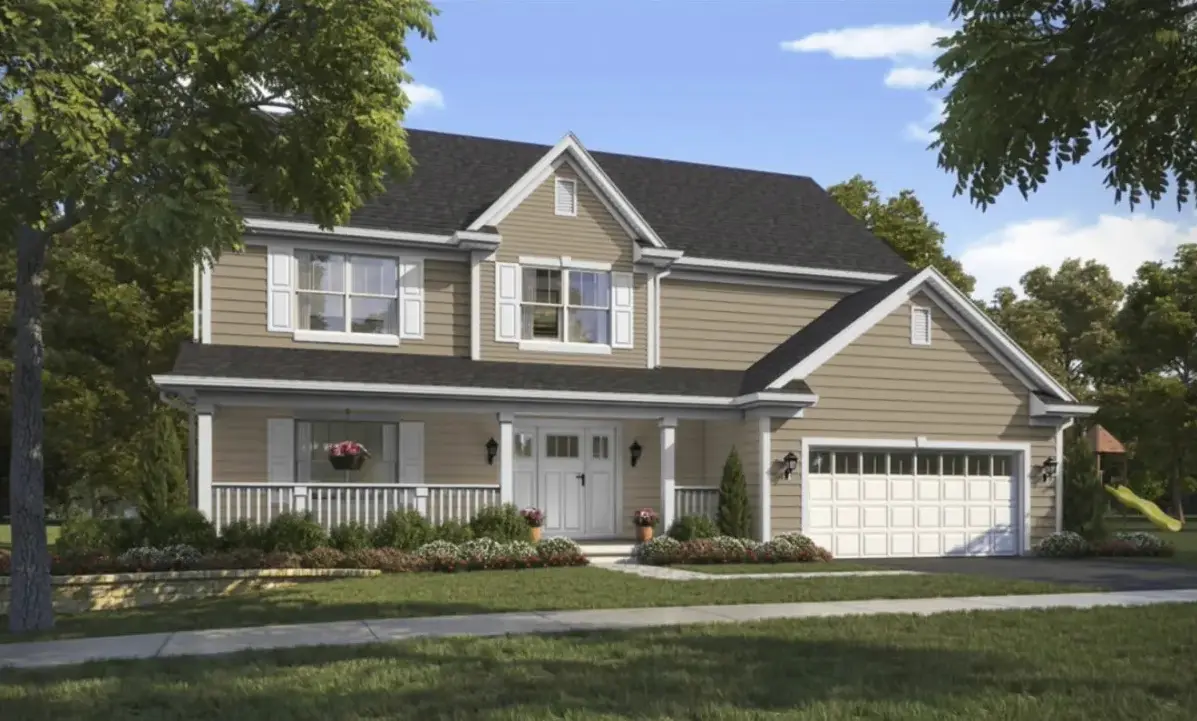 Two-story home with Universal Khaki lap siding and white trim.