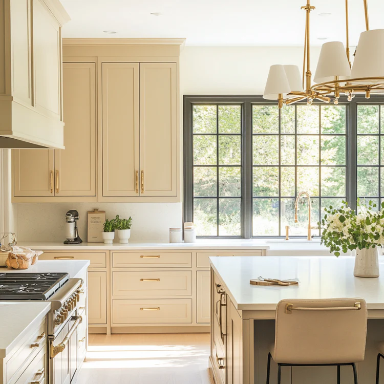 Warm neutral kitchen cabinets with large quartz island and gold hardware, demonstrating 2026 kitchen trends.
