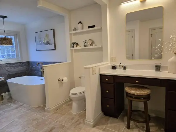 Wide view of the completed luxury bathroom remodel in Traverse City, Michigan.