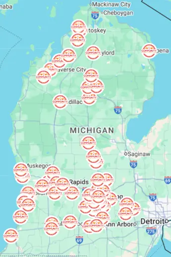 Community Construction Service Area Map covering Mid, West, and Northern Michigan