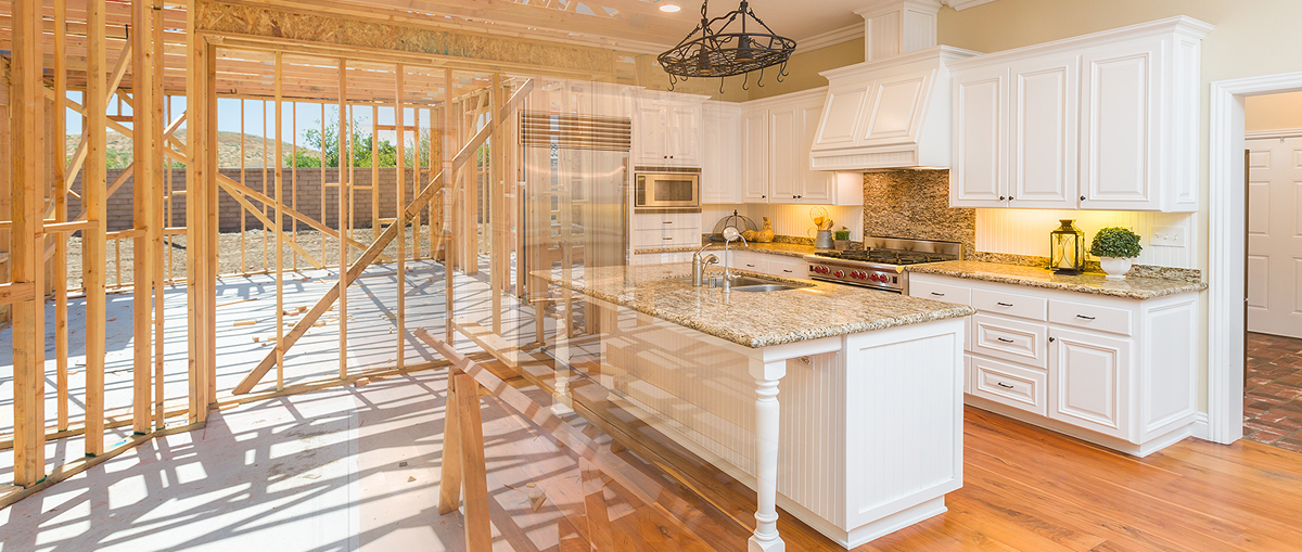 A "before and after" concept image of a kitchen remodel in Lansing, Michigan, showing the transition from bare wood framing to a finished custom kitchen with white cabinets and granite countertops.