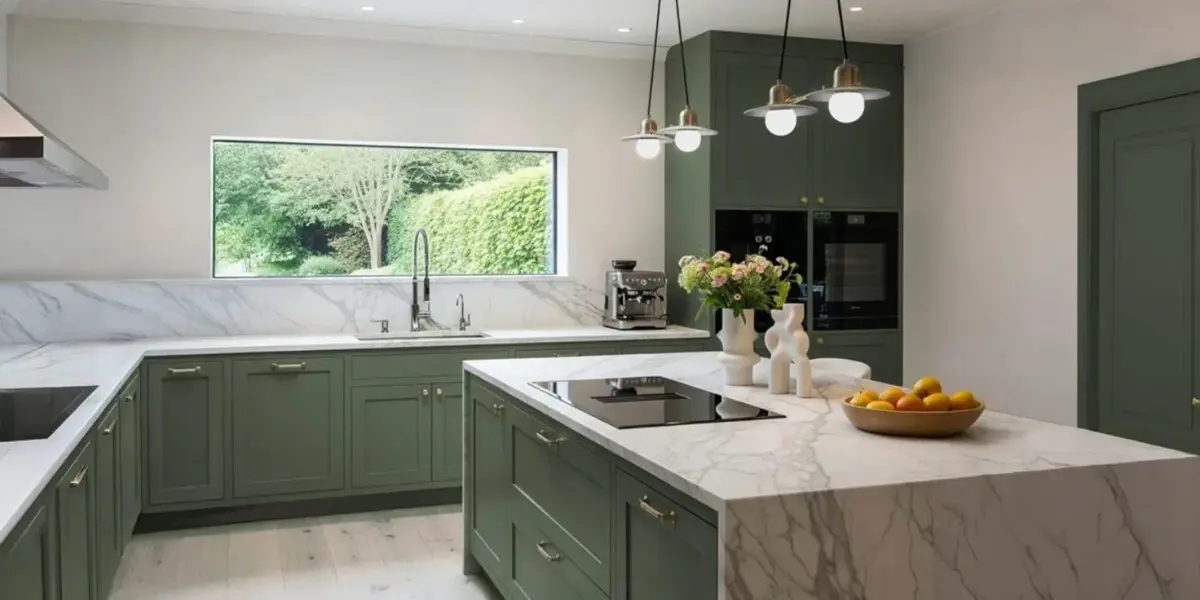 Luxury kitchen with dark green cabinets and white quartz countertops, representing 2026 kitchen color trends.