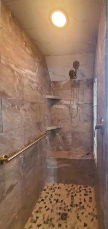 Custom ceramic tile shower bench installation