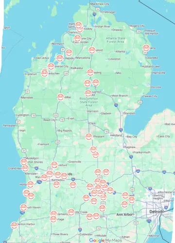 Map of Community Construction's service area in Michigan, covering West, Mid, and Northern Michigan for roofing, siding, and remodeling.
