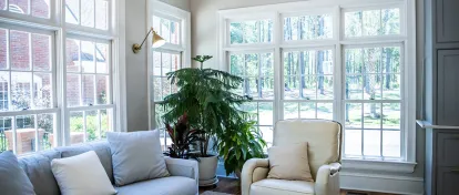 Custom white replacement windows from Home Depot in a Holt, Michigan living room, featuring a large window bank and natural light.