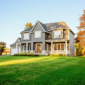 A beautiful, two-story home in Lansing, Michigan, after a complete siding replacement. This project, completed by expert siding contractors, showcases a modern exterior with premium, dark gray vinyl siding. The new house siding is accented with white trim and a light stone veneer base, significantly boosting the home's curb appeal and long-term durability.